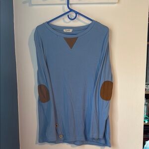 Cabi Blue Long Sleeve Top with Brown Accents